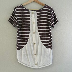 Striped Button Back Tunic Top Short Sleeve Casual Brown White Size‎ M